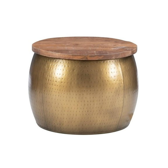 Pemberly Row Modern Large Wood and Metal Drum Table with Storage in Brass
