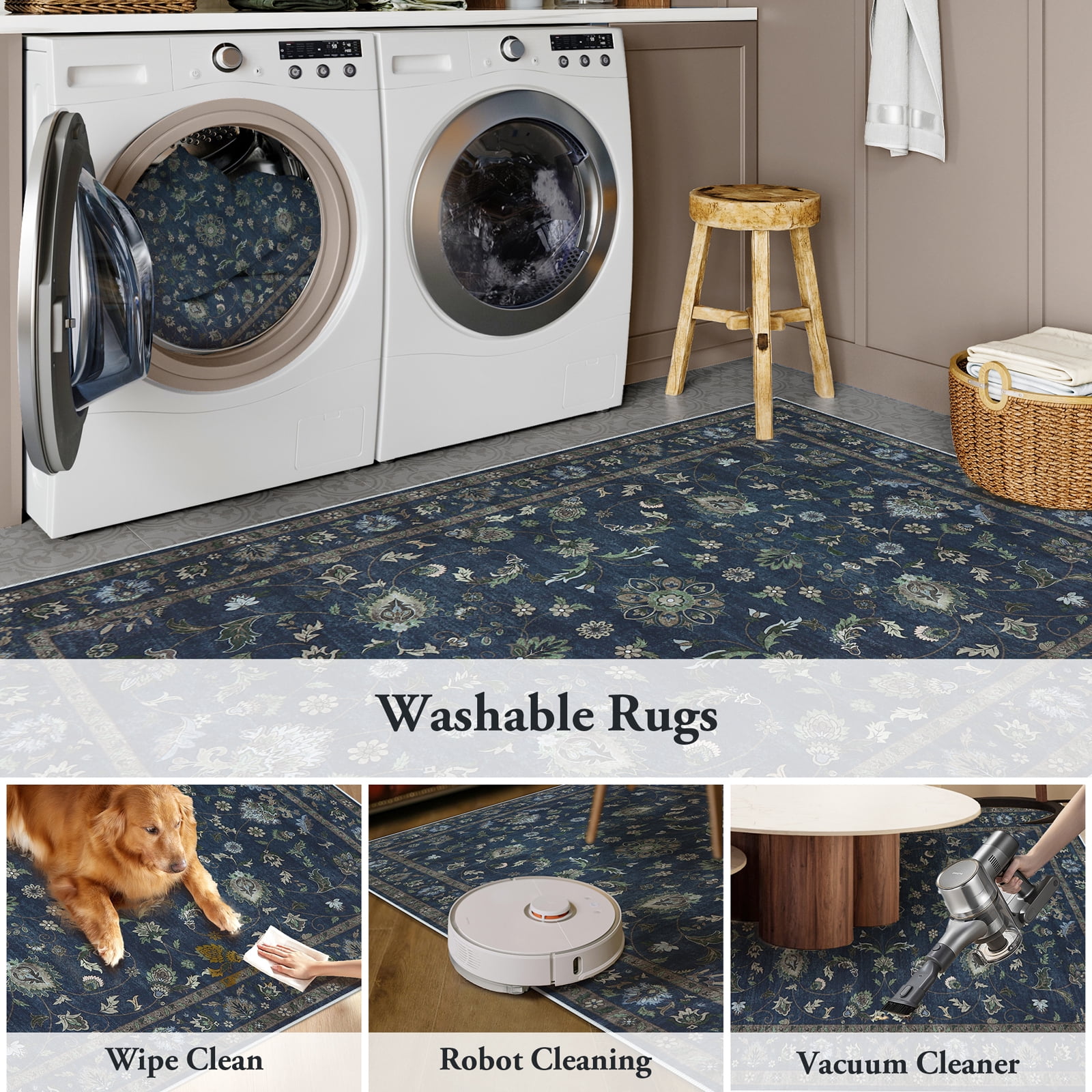 Lahome Decor Floral Area Rug 5x7, Machine Washable Rugs for Entryway, Non Slip Rug with Vintage Printed, Low Pile Carpet for Living Room Kitchen Bedroom Home, Blue