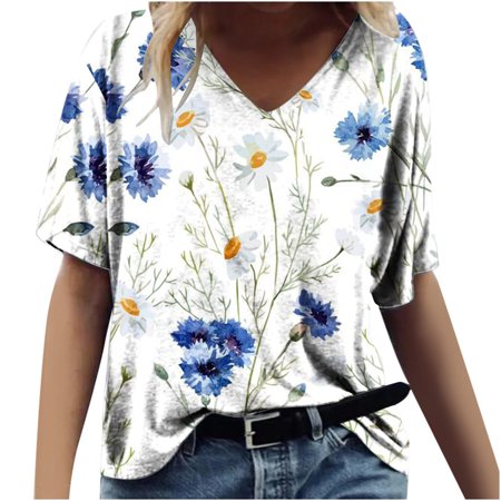 

Women Short Sleeve V Neck Graphic T-shirt Floral Print Casual Tees Boho Beach Shirts Loose Flowy Tops Trendy Blouse 2023 Summer Outfits