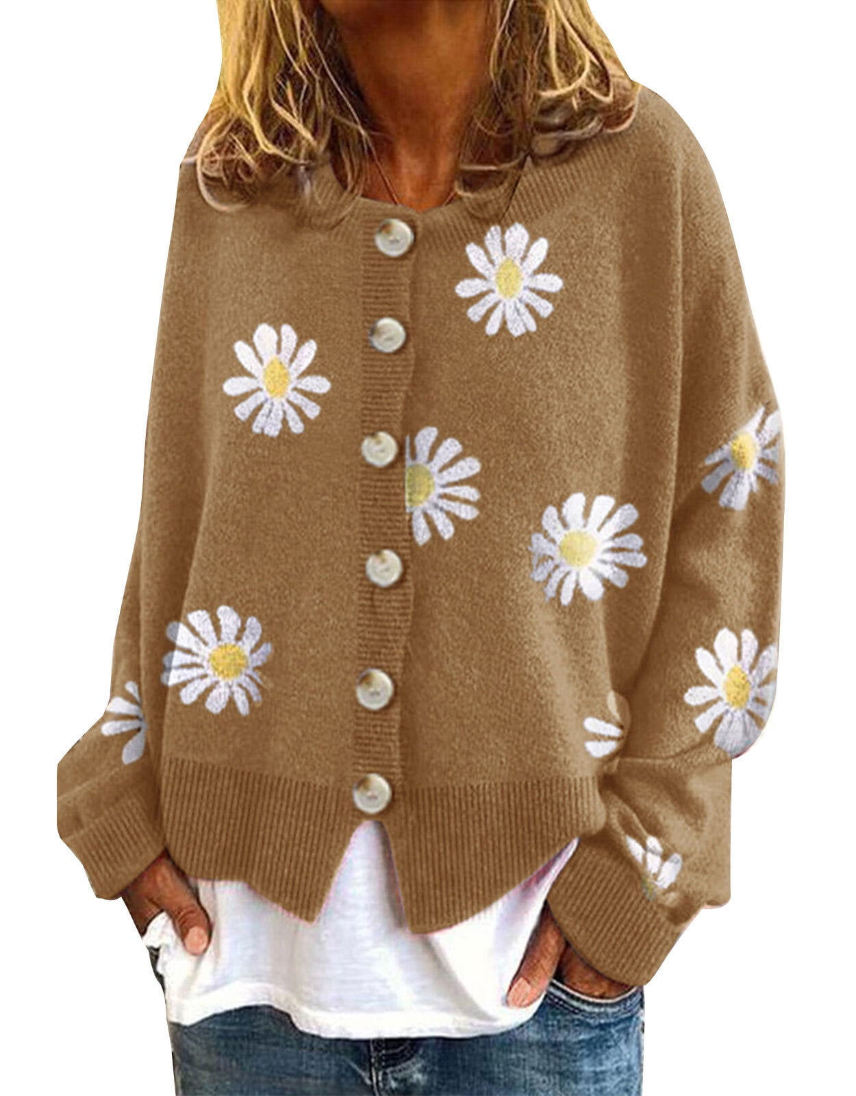 Alsol Lamesa Women's Cardigan Sweaters Daisy Flower Floral Print Open