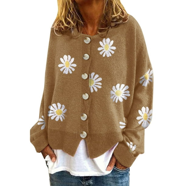 Alsol Lamesa Women's Cardigan Sweaters Daisy Flower Floral Print Open Front Buton Down Soft Knit