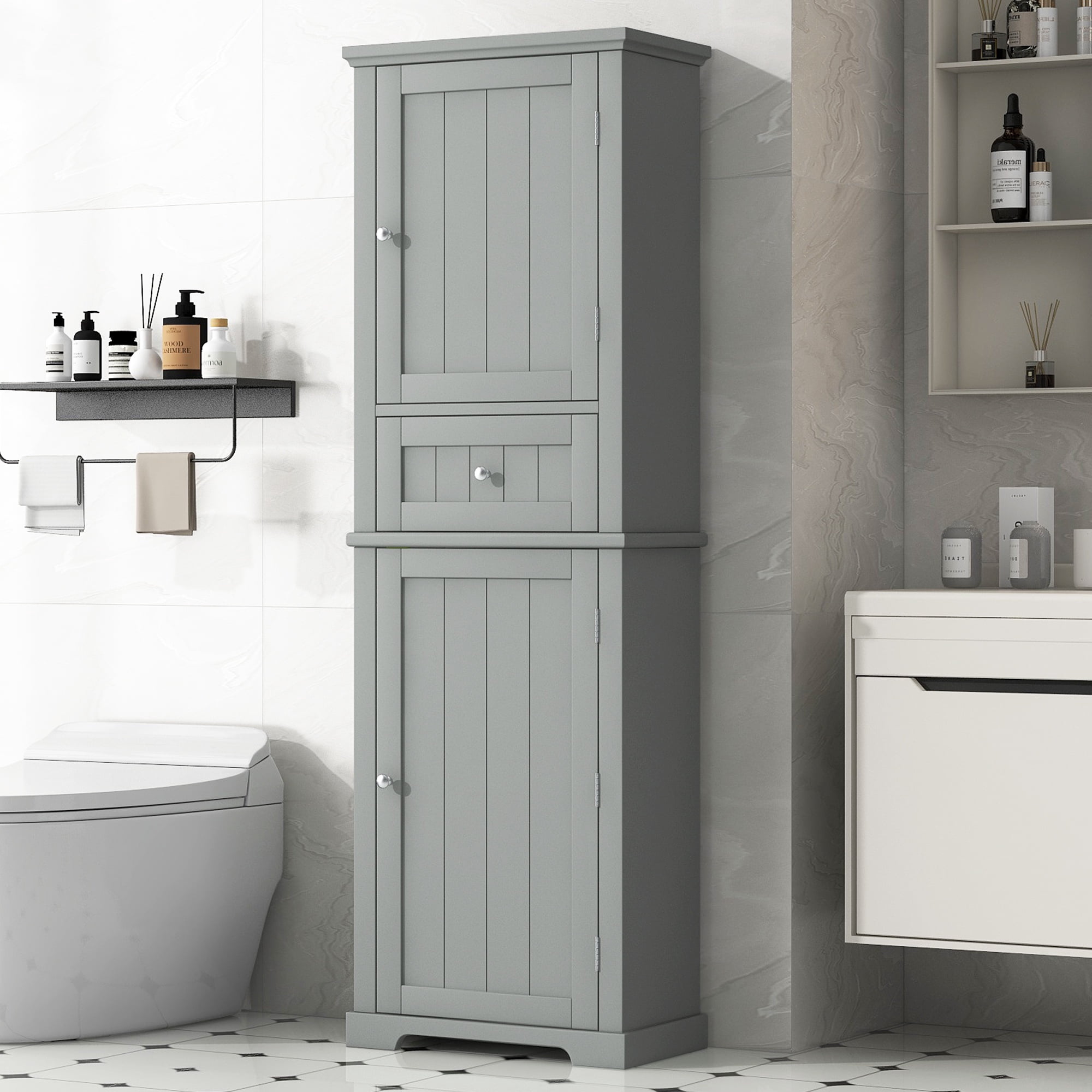 Bellemave 67.3”H Tall Bathroom Storage Cabinet Freestanding Storage Cabinet with 1 Drawer and 2 Doors Wooden Floor Cabinet with Adjustable Shelves for Home, Kitchen, Living Room, Gray