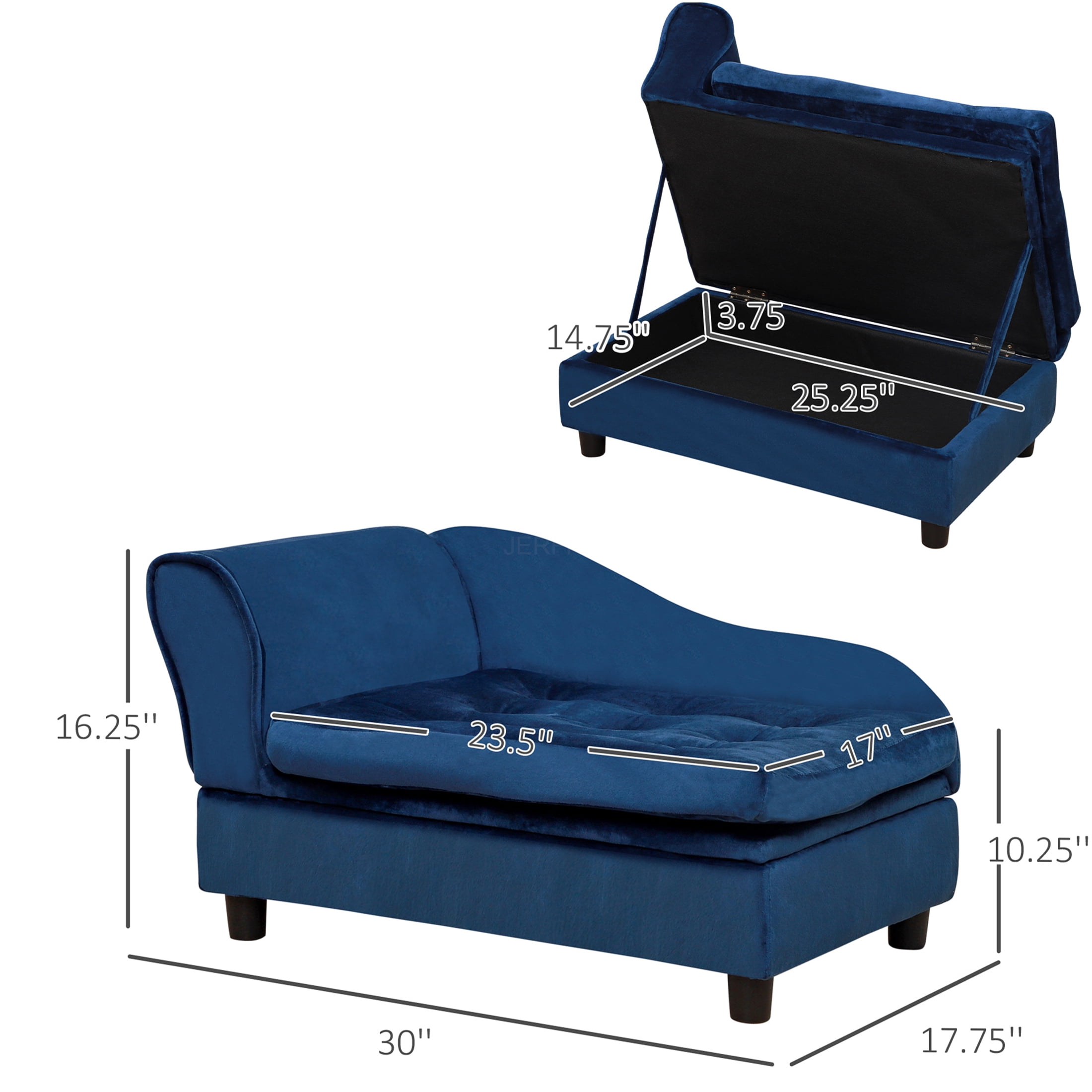 JERFIT Modern Dog Bed with Storage, Small Dog Couch Sofa with Plush 3" Foam Cushion, Cozy Pet Furniture for Puppies, Cats & Small Breeds, Blue Wooden Frame