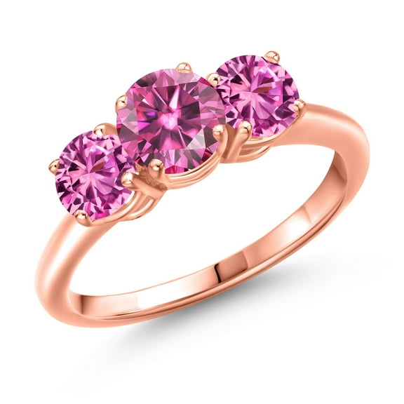 Gem Stone King 18K Rose Gold Plated Silver Pink Moissanite and Pink Created Sapphire Engagement Ring for Women | 1.90 Cttw | Round 6MM | Gemstone Birthstone | Size 9