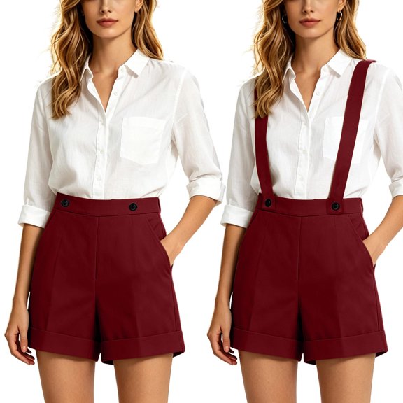 Karymi Women's Pants 2-in-1 Detachable Suspender Suit Shorts, High Waist Pleated Cuffed Hem Dress Shorts with Pockets, Business Casual Bermuda Shorts Women's Clothing