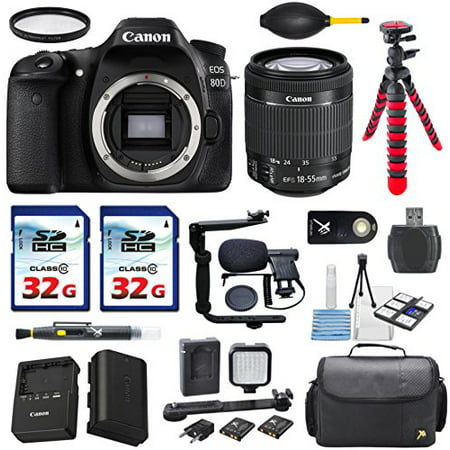 Canon EOS 80D 24.2MP DSLR Digital SLR Camera with Canon EF-S 18-55mm IS STM Lens + 2pc Commander 32GB Memory Cards + LED Light Kit + Deluxe Camera Case + Shotgun Microphone Accessory