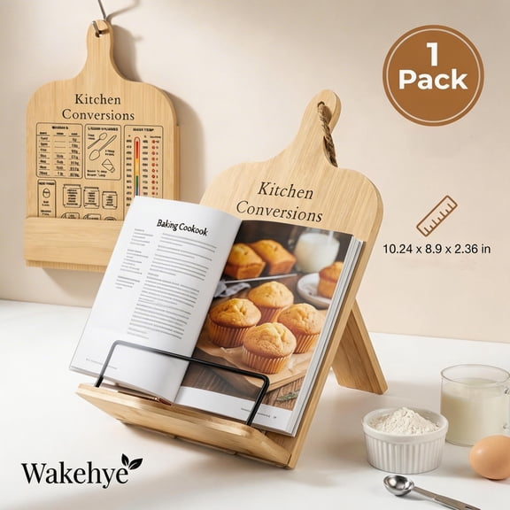 FKSZLL Cookbook Stand for Kitchen Counter Wood Cookbook Holder with Measurement Conversion Chart Recipe Book Stand for Cook Book Phone Tablet