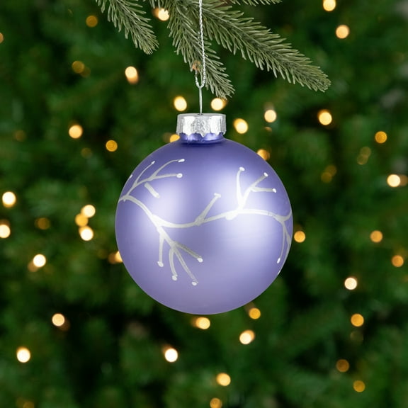 Northlight Matte Glass Ball Christmas Ornaments with Branch Design - 2.5" (60mm) - Purple - 4ct