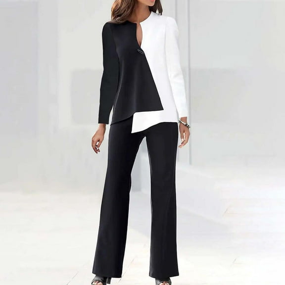 AOOCHASLIY Women Suits 2PC Fashion Woman V-Neck Solid Long Sleeve Blouse  Loose Pants Sets