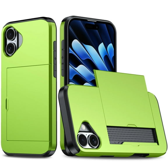 Card Slot Holder Wallet iPhone 16e Case - (Light Green) Dual Layer Shockproof with Heavy Duty Protection