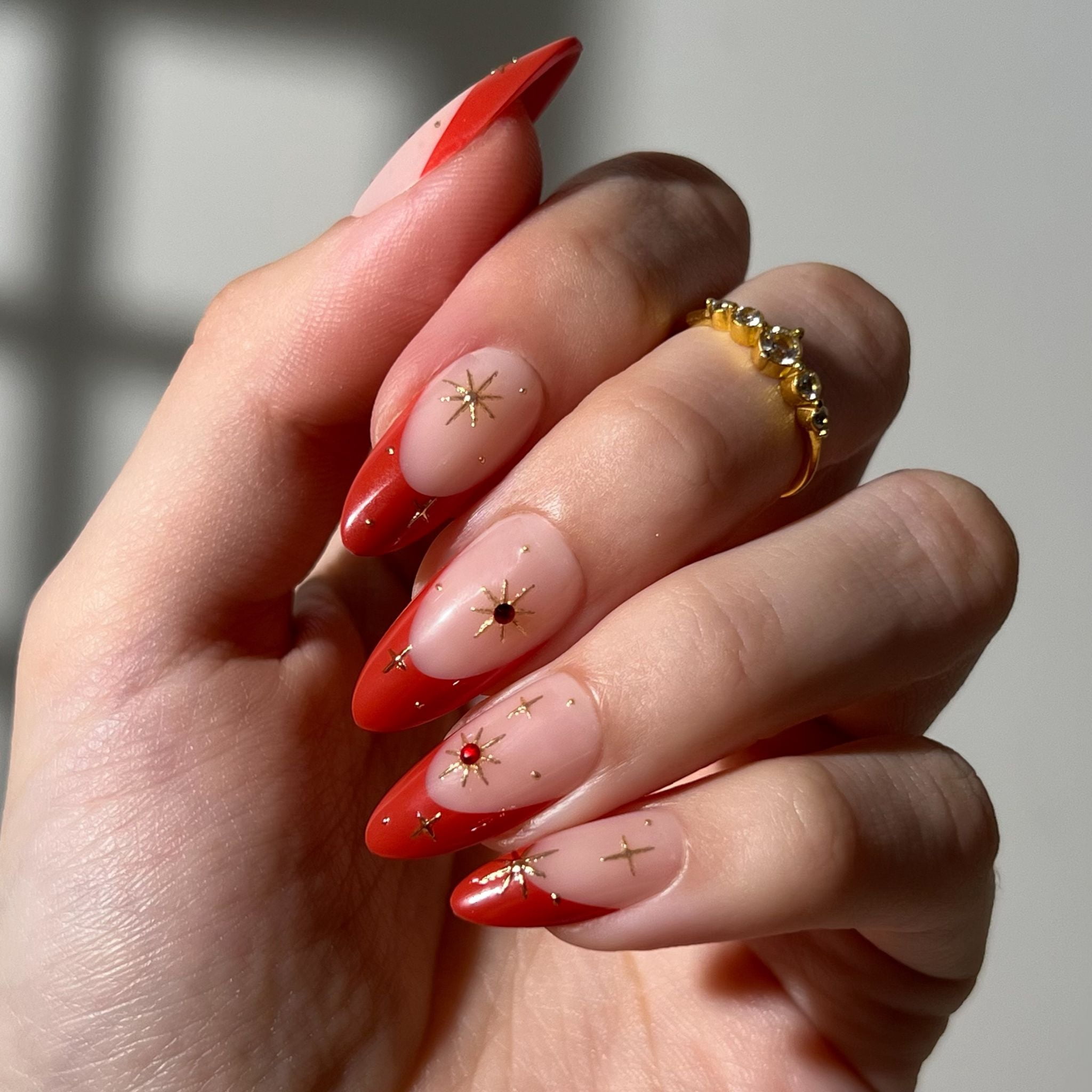 PaintLab Short Almond Press On Nails 3D, Red Celestial, 30 Count