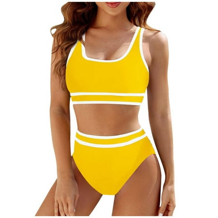 TOWED22 Women s High Waisted Bikini Sets Sporty Two Piece Swimsuits Color Block Cheeky High Cut Bathing SuitsYellow XL
