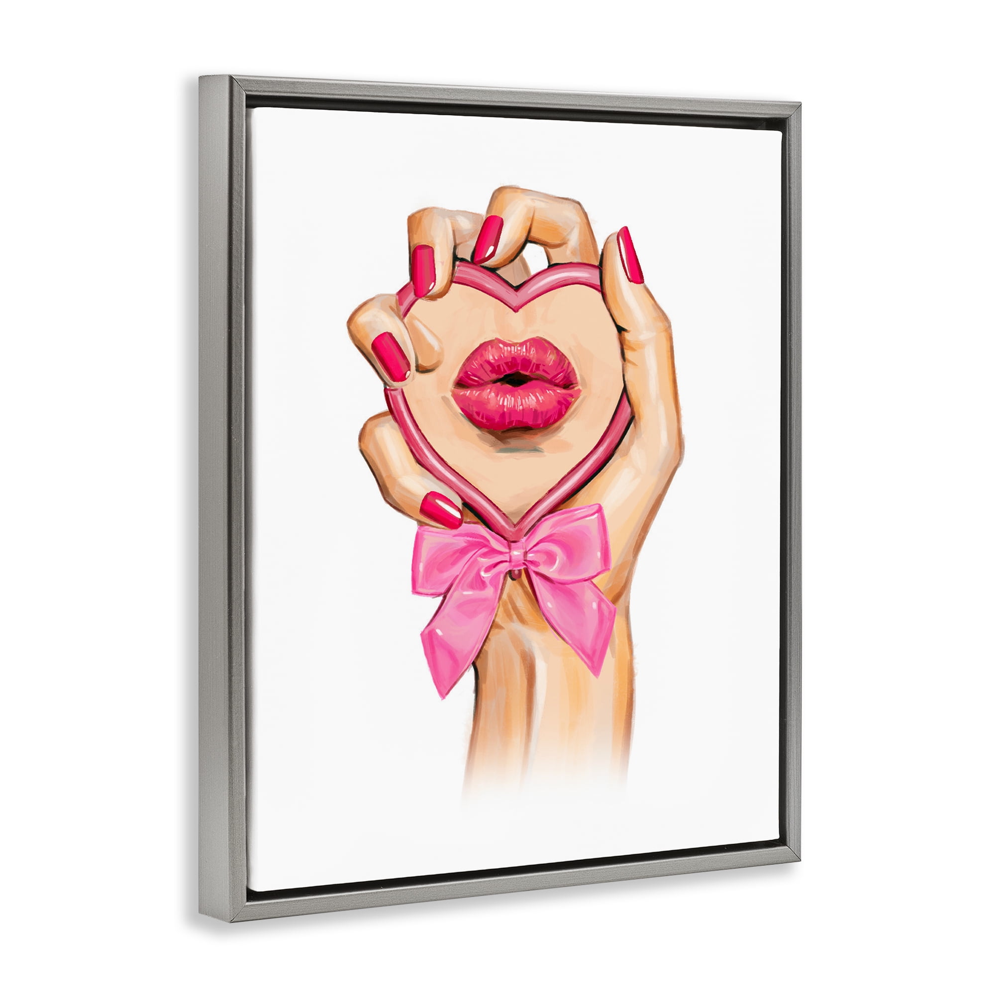 Pink Lips in Mirror Gray Framed Floater Canvas Wall Art, design by Ziwei Li