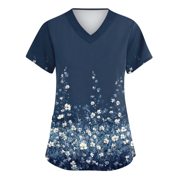 ASDFVBKG Women Floral Scrub Tops Short Sleeve Plus Size V-Neck Floral Printed Scrubs Top Medical Nursing Uniforms with Pockets Blue 5XL
