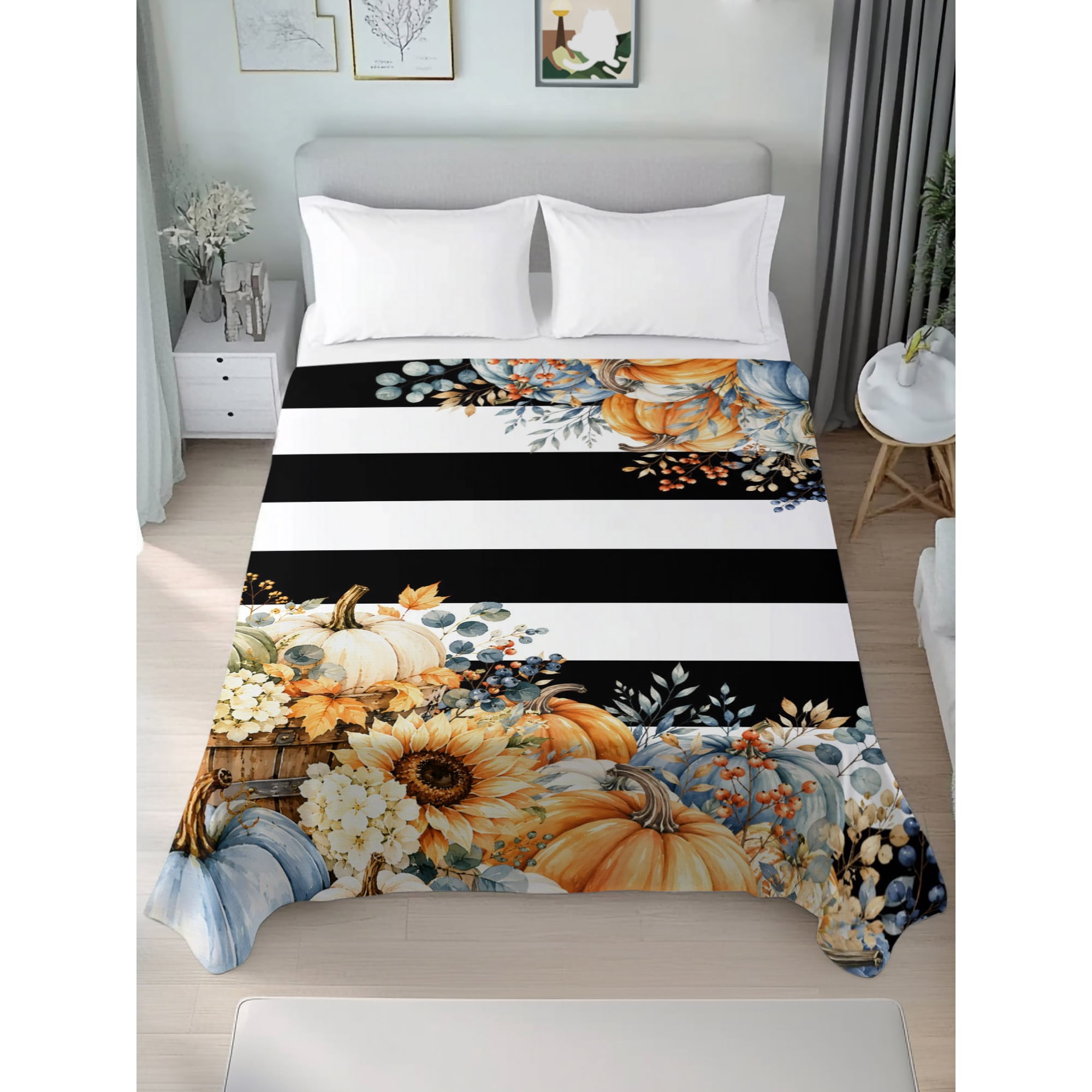 Twin Flat Sheet Only Thanksgiving Farm Pumpkins Soft Microfiber Cooling Bedding Sheets Black White Striped Flat Bed Sheet for Hotel Home Decor