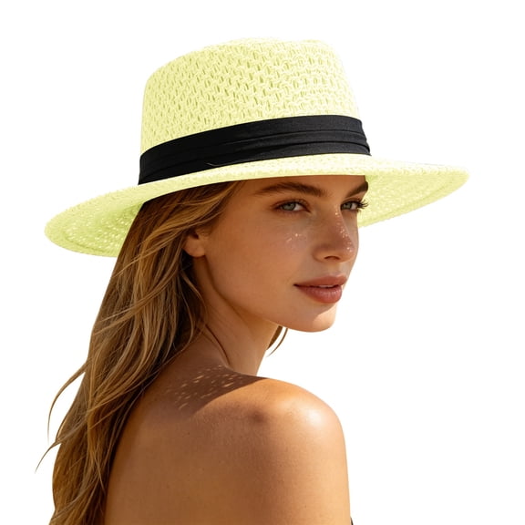VBEWZET Women's Open Weave Straw Fedora Hat, Black Ribbon Band Wide Brim Summer Beach Sun Hat Beige One Size