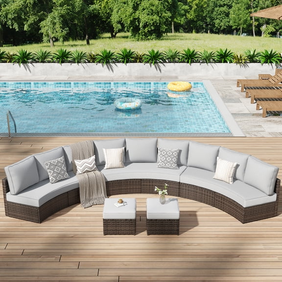 Wicker 11-Person Half-Moon Patio Conversation Sets With Cushions