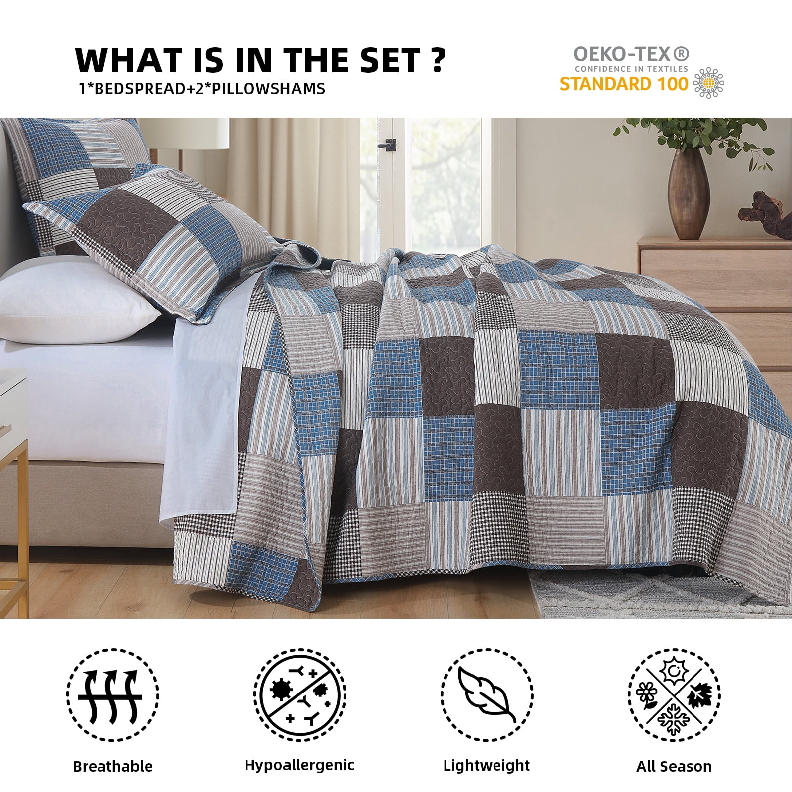 PANGUSHAN 100% Cotton King Quilt Set, Farmhouse Patchwork King Size Quilt Bedding Set Bedspreads, Reversible Quilted Lightweight Comforter, Blue/Brown Bed Spread for King Bed, 3 Pieces