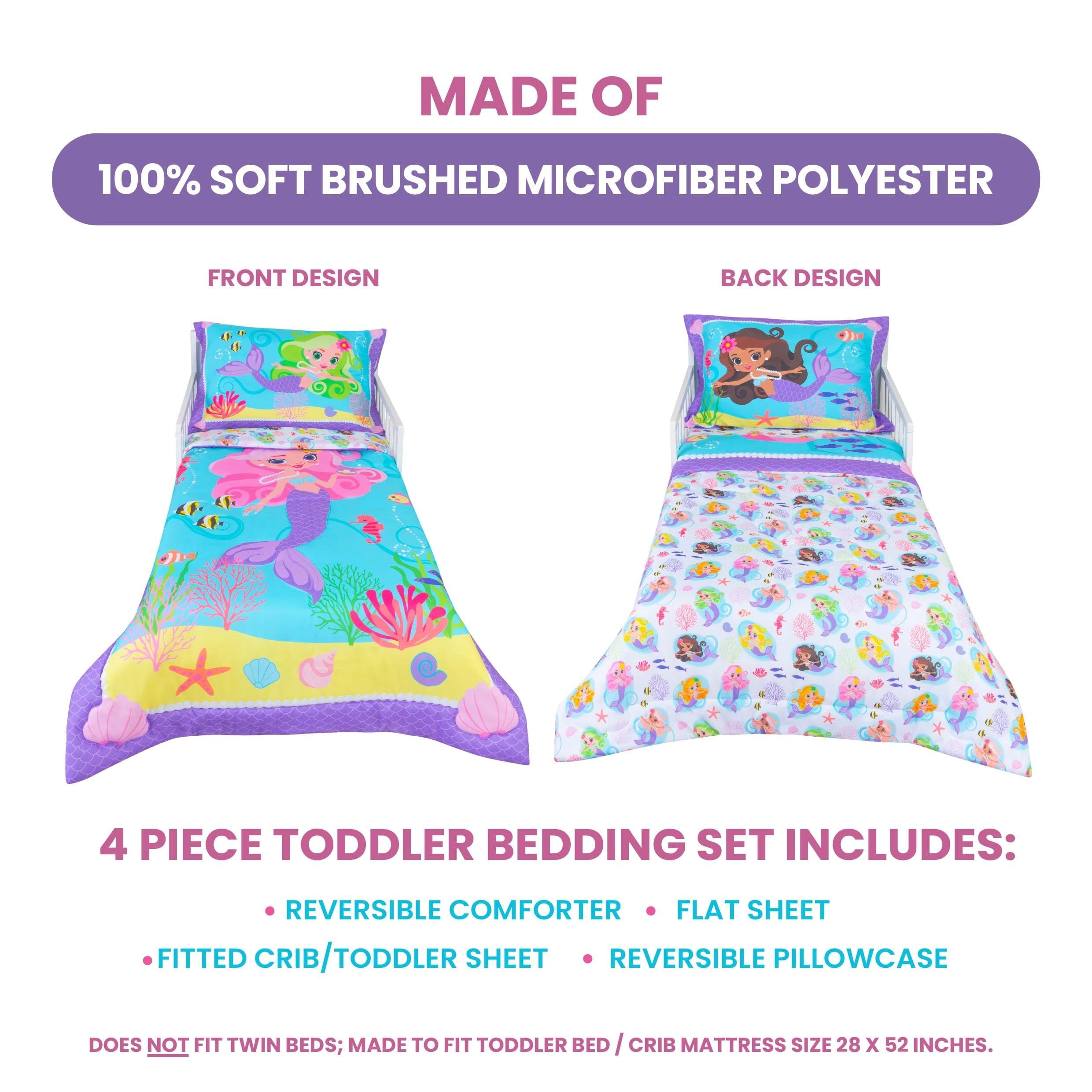 Todays Kids Mermaids Toddler Bedding Set for Girls - 4-Piece Toddler Bed Sheets and Comforter Set, Reversible Comforter & Pillowcase, Flat Sheet, Fitted Sheet, Breathable & Super Soft Microfiber