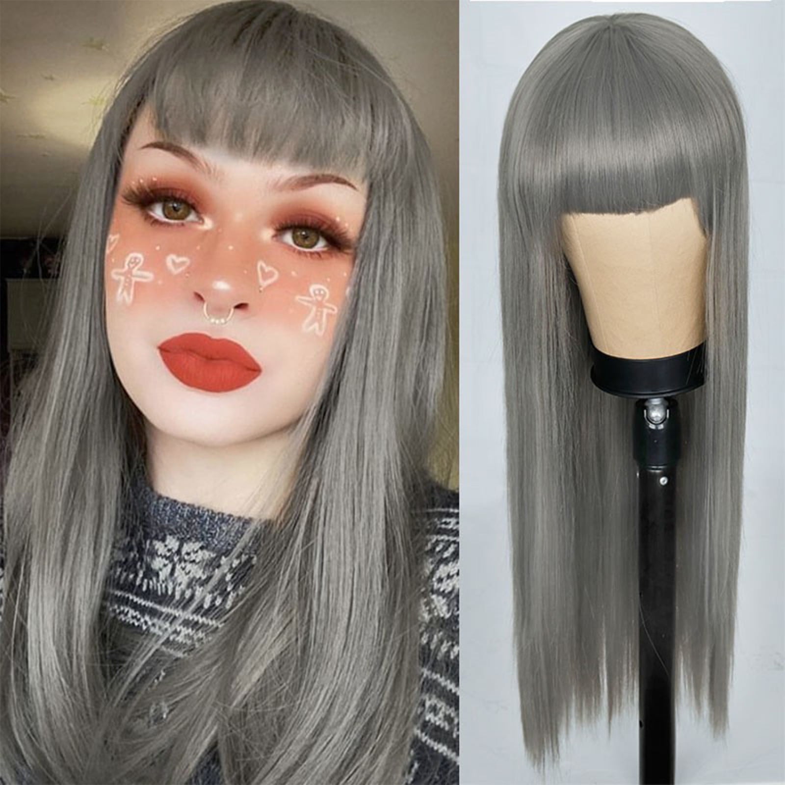 YSGFHGJW Wigs for Black Women,Long Straight Wig With Bangs Hair Wig For Women Synthetic Natural Wig ,Various Colors Available,Daily Wear Party And Cosplay Soft Wig,Gray