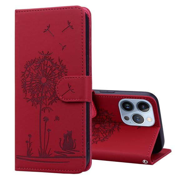 ELEHOLD Case for iPhone 13 Pro Max, Premium PU Leather Wallet Flip Case Folio Cover with Card Holder Kickstand,Red