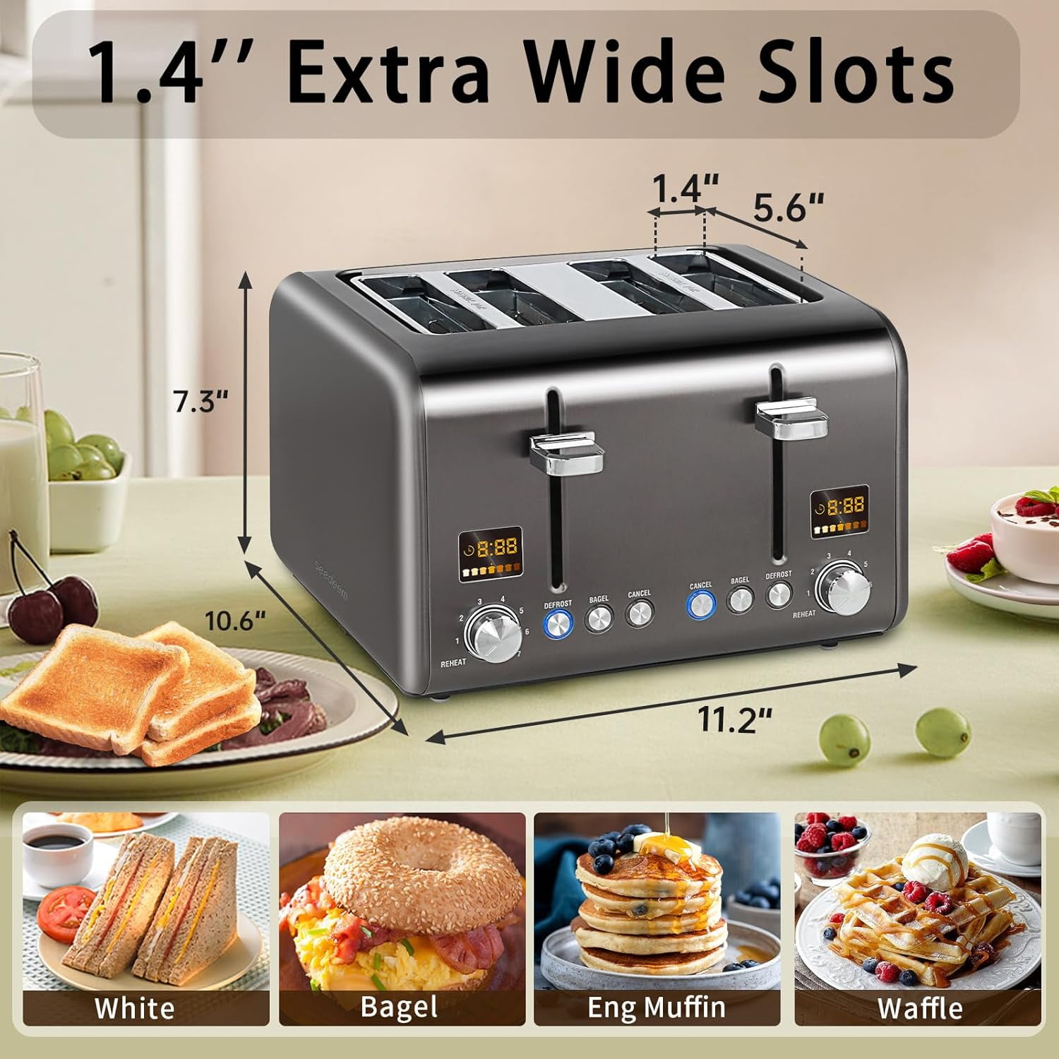 4 Slice Stainless Toaster with LCD Display, 7 Shade Settings, Wide Slots, Bagel/Defrost/Reheat Functions, Removable Crumb Tray, 1800W