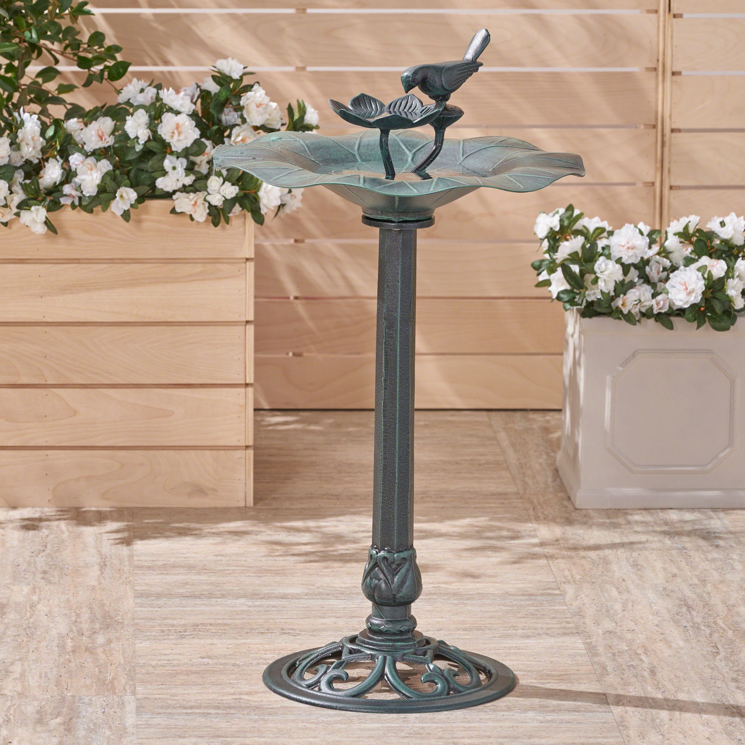 Mitchell Outdoor Aluminum and Iron Bird Bath, Antique Green