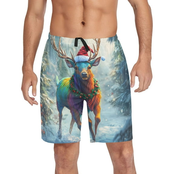 joogoo Mens Swim Trunks Reindeer on Christmas Beach Shorts Drawstring Elastic Waist Swimwear Bathing Suits L