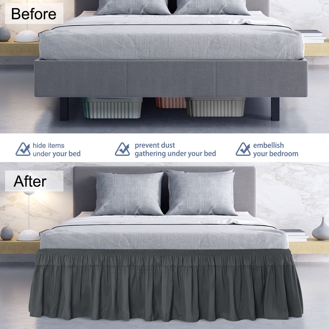 PiccoCasa 1Pcs Polyester Brushed Bed Skirt Elastic Dust Ruffles 16 Inch Drop King Dark Gray