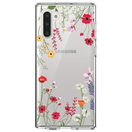 DistinctInk Clear Shockproof Hybrid Case for Samsung Galaxy Note 10 (6.3 Screen) - TPU Bumper Acrylic Back Tempered Glass Screen Protector - Wildflowers Border Blue Pink Purple