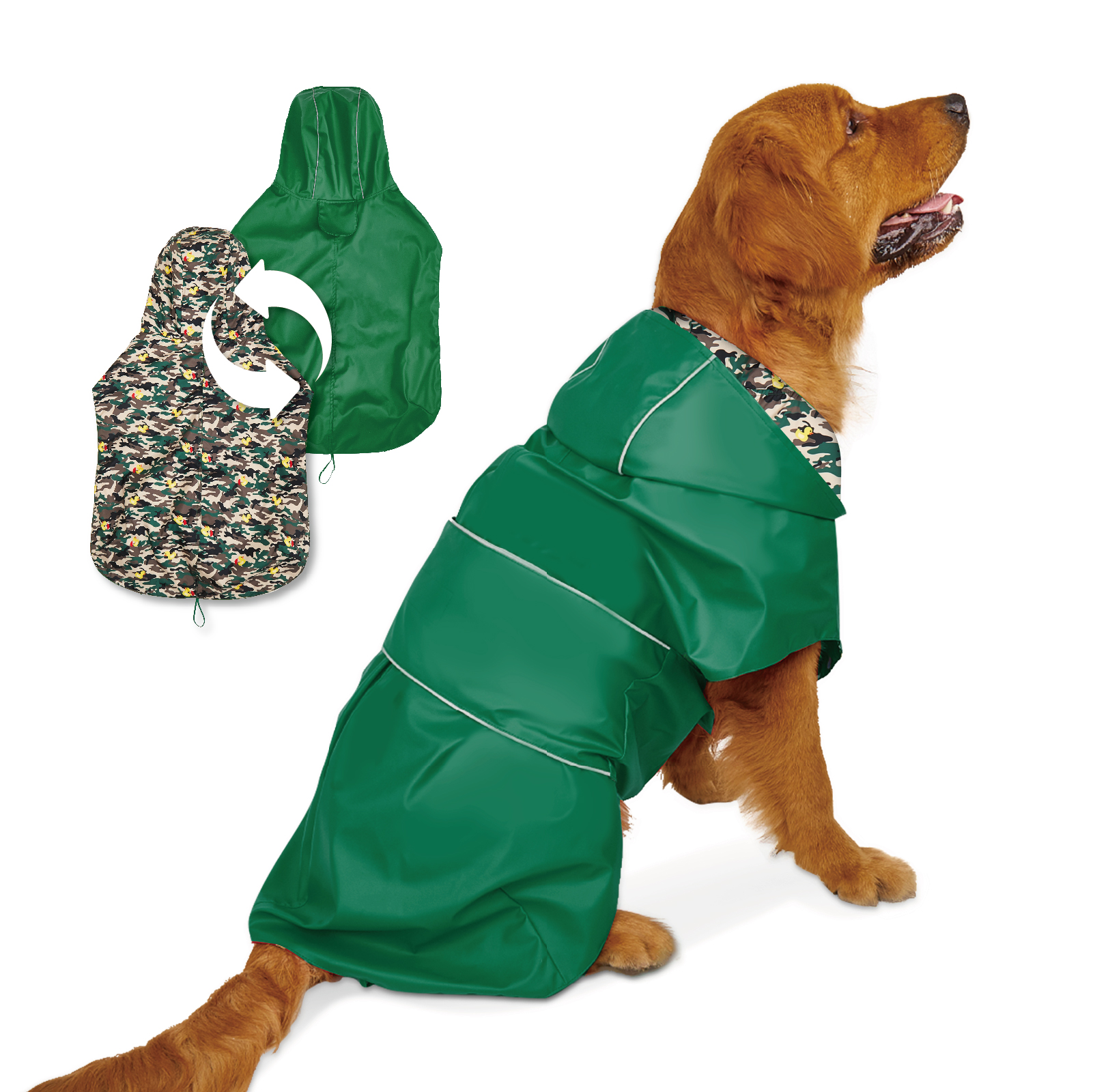FOFOS Reversible Dog Raincoat Adjustable Rainproof Jacket, Green Small