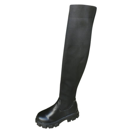 

Women s Fashion Squ Are Heel SSolid Color Over-The-Knee Stretch High Boots