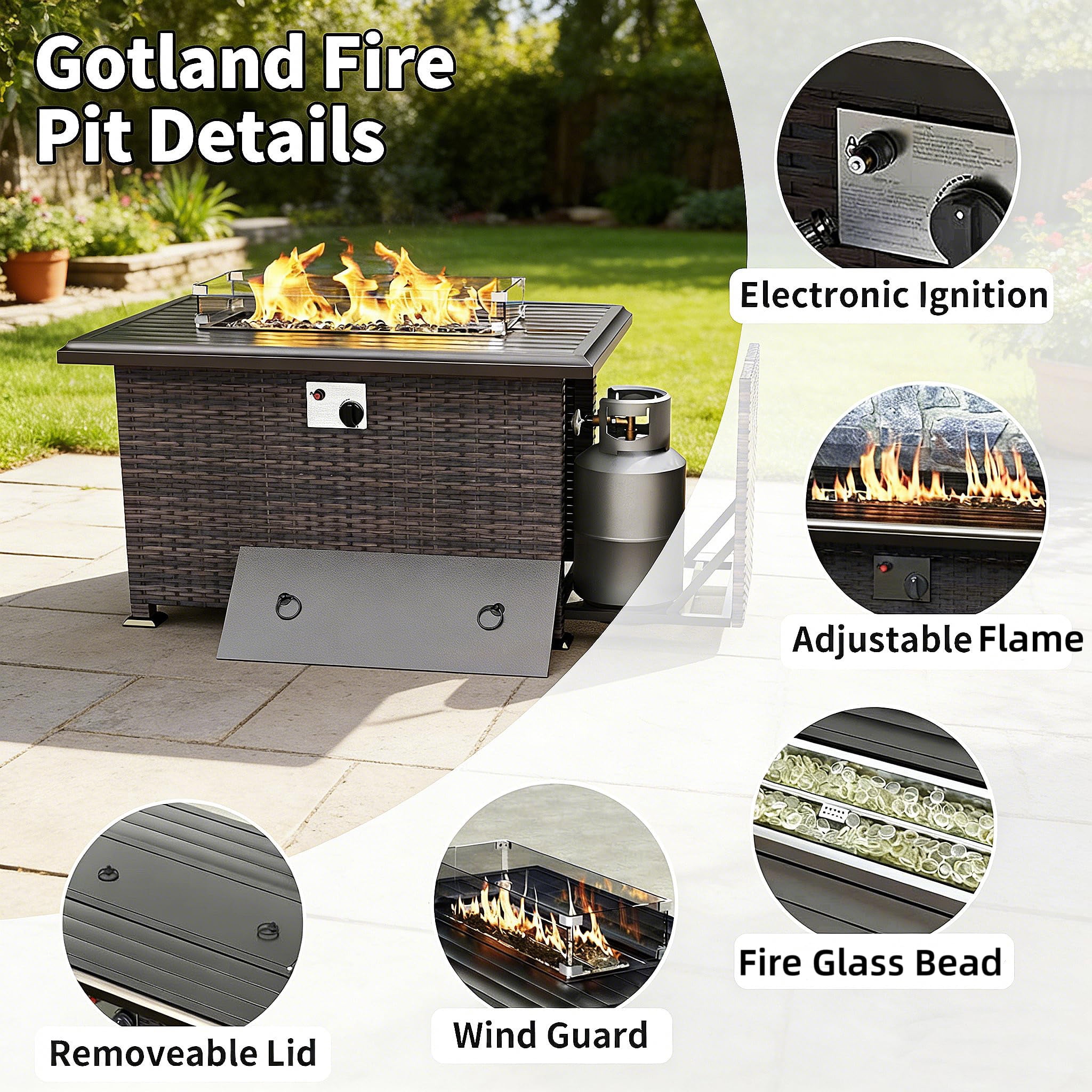 Gotland Outdoor Patio Set 8 Pcs Rattan Wicker Sofa with 43.3" Gas Fire Pit Table, Navy Blue