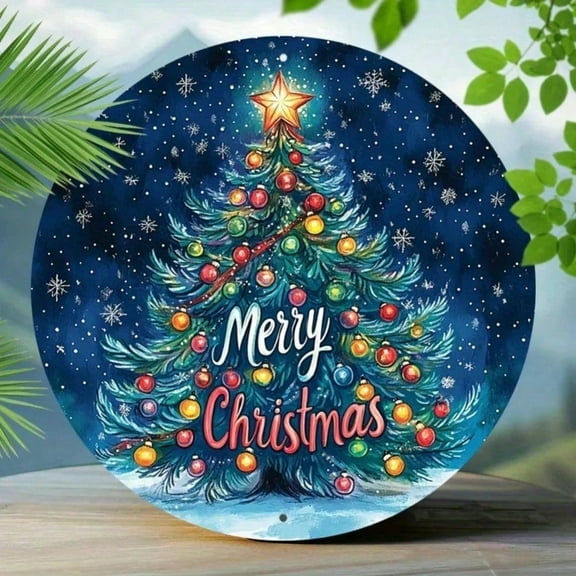 HELLOYOUNG Vintage Christmas Round Tin Sign 8x8 Inch - Waterproof Aluminum Decor with Pre-Drilled Holes, Wall Hanging Metal Poster for Home