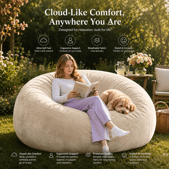 Kerahd 5-Foot Beanbag Chair, Foam Filled, Removable Soft Flannel Cover, Apricot, for Adults, Living Room, Bedroom & Dorm