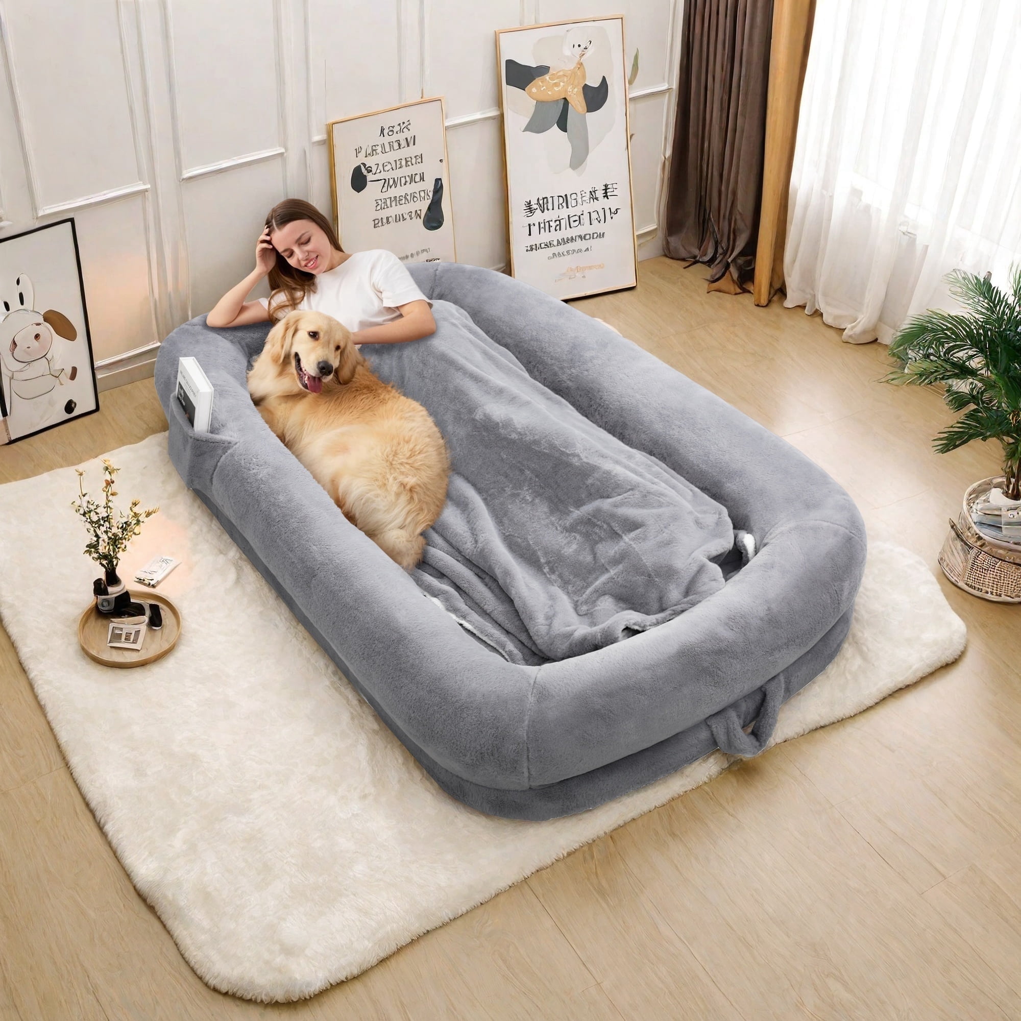 Melocadol Human Dog Bed for Adult, 71"x40"x10" Fits You & Pets, Orthopedic Foam, Washable Faux Fur, Removable Cover, Light Grey