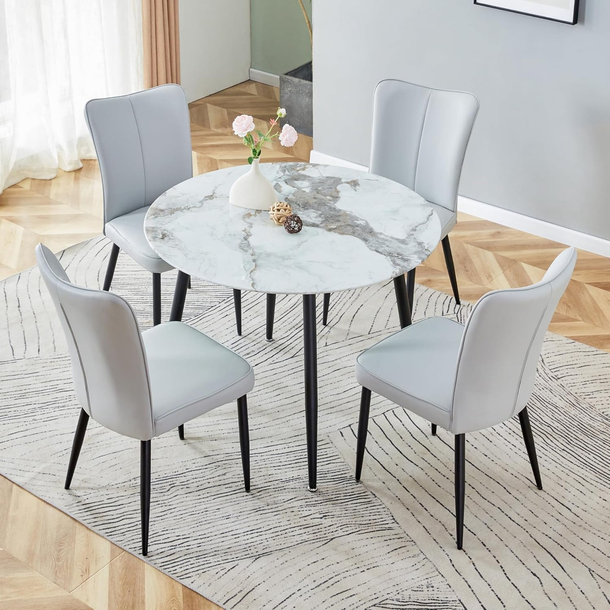 SUDICA Dining Chairs Set of 4, Modern Gray PU Leather Upholstered High Back Kitchen Chairs with Black Metal Legs for Dining Room