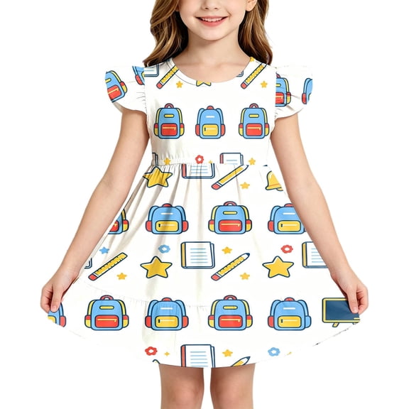 Curuila Children Girls Dress Flutter Sleeve Cartoon Print Crew Neck For School Casual Dresses Size 3-4 Years