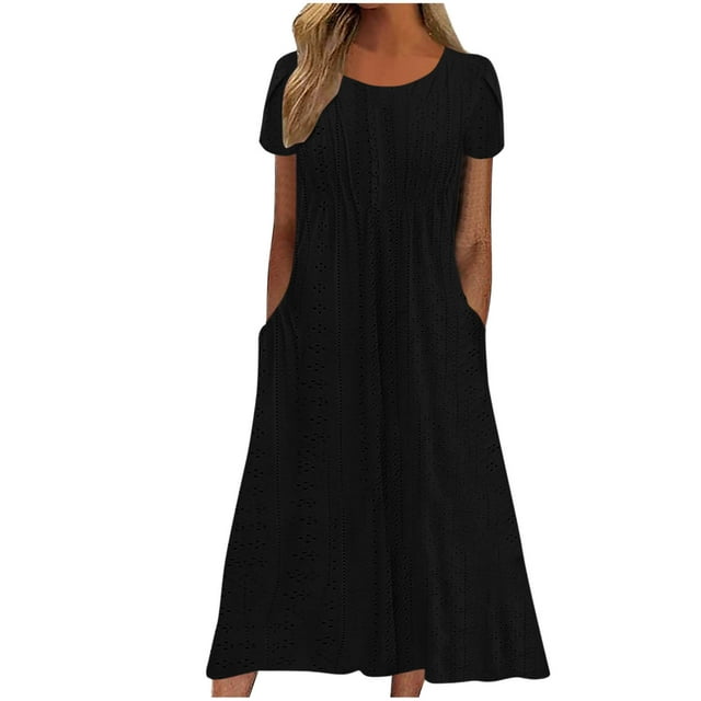 UPPADA Summer Dresses for Women 2024 Vacation Trendy Spring Dresses for Women 2024 Casual Sun Dresses Solid Color Hollow Maxi Dresses Drawstring V-Neck Boho Dresses With Pockets Saving 2024