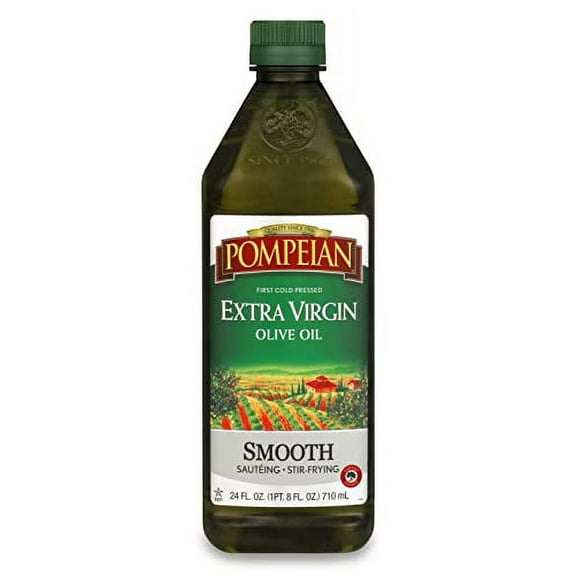 Pompeian Smooth Extra Virgin Olive Oil, First Cold Pressed, Mild and Delicate Flavor, Perfect for Sauteing and Stir-Frying, Naturally Gluten Free, Non-Allergenic, Non-GMO, 24 Fl Oz., Single Bottle
