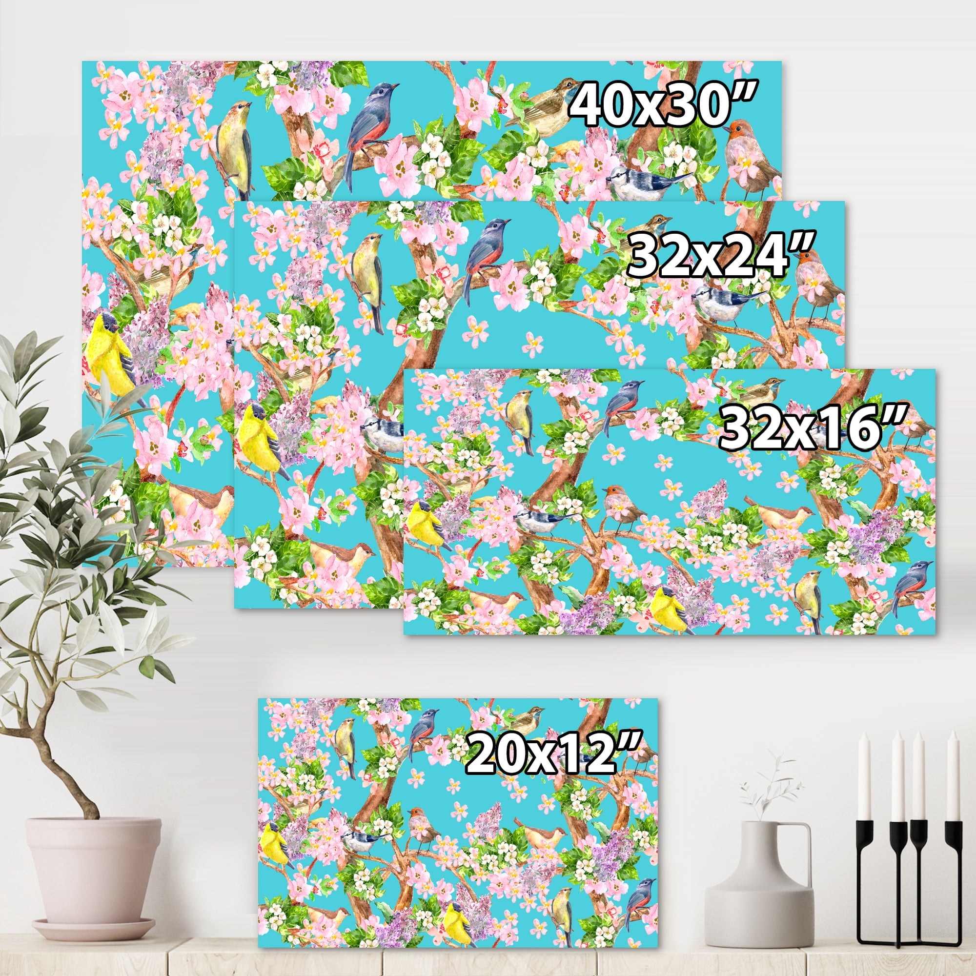 Little Birds Sitting On Spring Flow Tree 12 in x 8 in Painting Canvas Art Print, by Designart