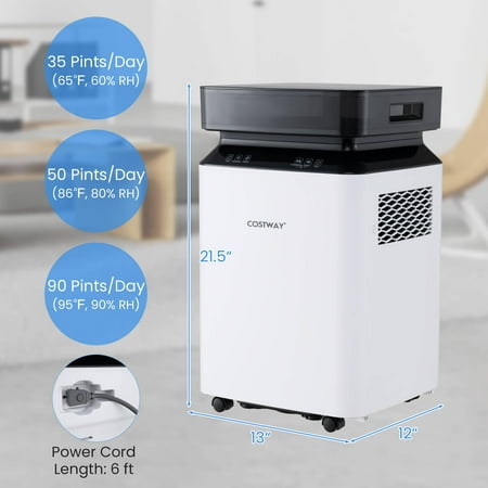 Costway 90 Pint Dehumidifier for Basement with Continuous & Auto Mode Large Water Tank - White
