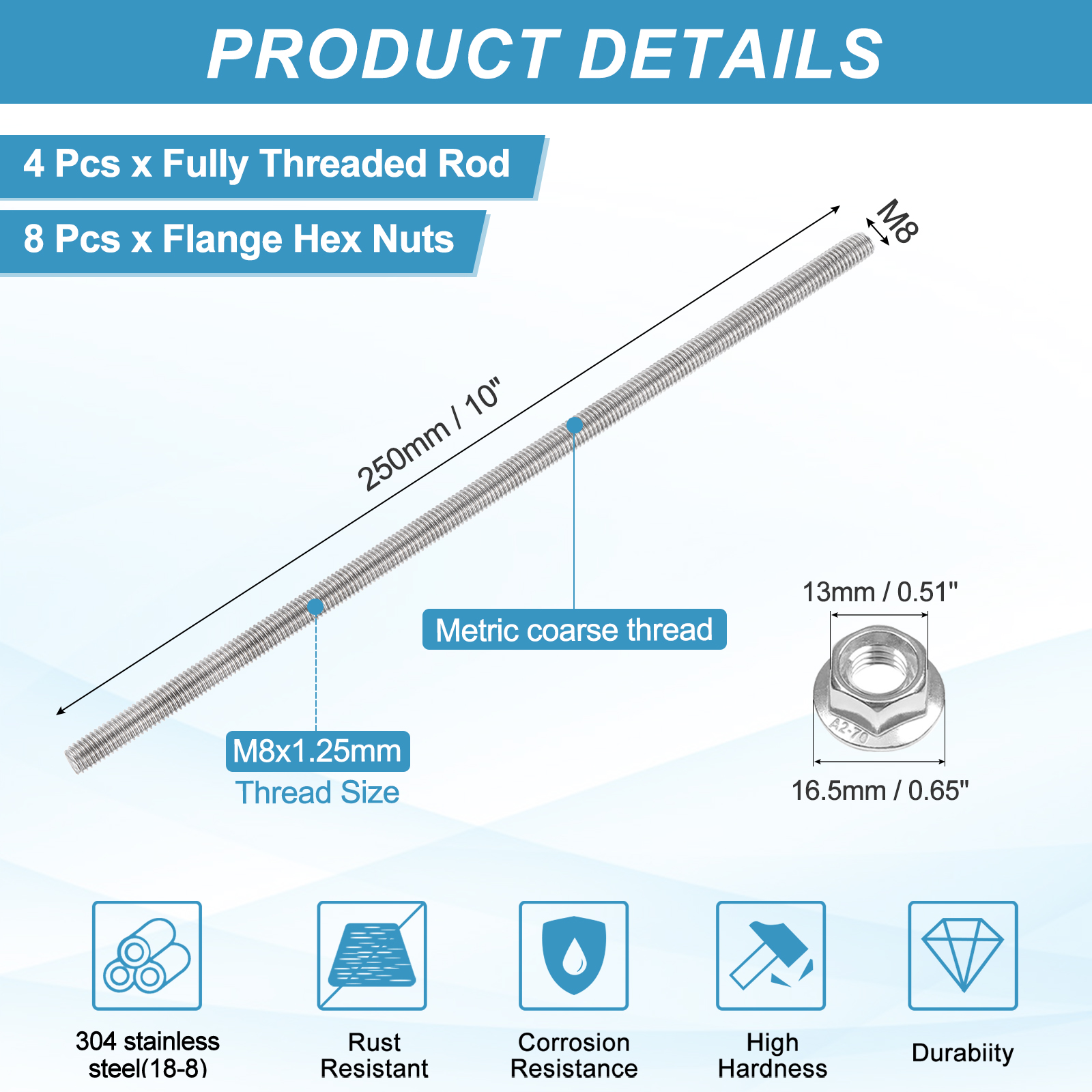 Uxcell 4 Set M8 x 1.25mm Fully Threaded Rods 10 Inch, 304 Stainless Steel All Threaded Rod Metric Right Hand Threads with 8Pcs Flange Hexagon Nut for Clamps Hangers U-Bolt