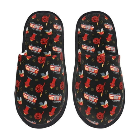 

Fuzoiu Fire Fighting Print Unisex Furry Slippers Plush Indoor Shoes Trendy House Slippers Anti-Skid EVA Sole House Shoes for Home Office and Travel -Large