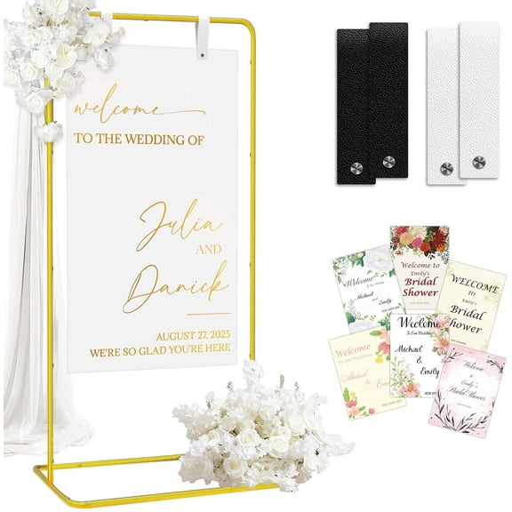 Welcome Sign Holder with Leather Straps, Heavy Duty Metal Wedding Sign Stand, Adjustable Wedding Seating Chart, Welcome to Our Wedding Sign Stand for Poster Wedding Party Pictures Paintings