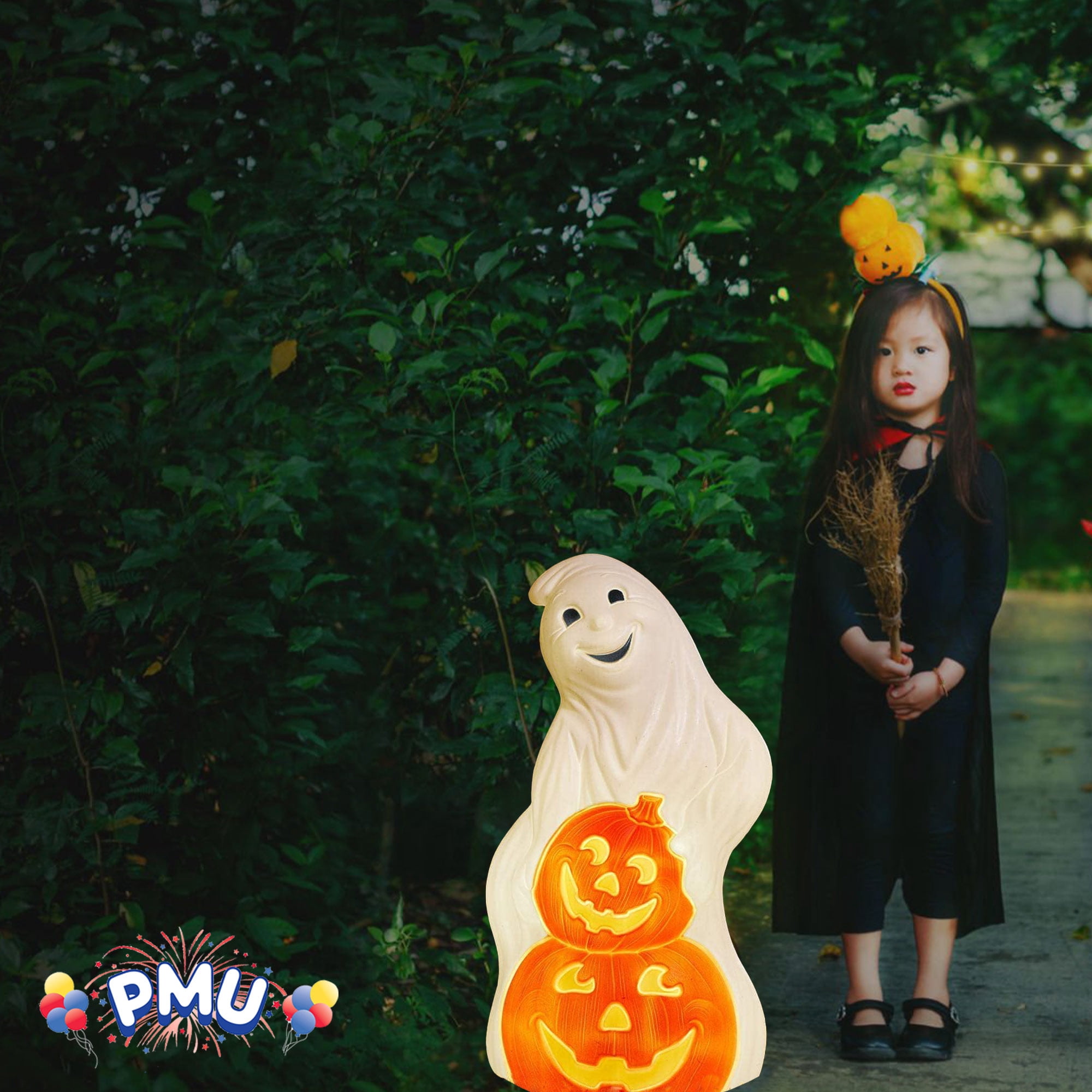 PMU Halloween Ghost with Pumpkins - Jack-O-Lantern Blow Mold Light-Up Decoration - Perfect for Halloween, Home, Yard, Indoor & Outdoor Decor Pkg/1