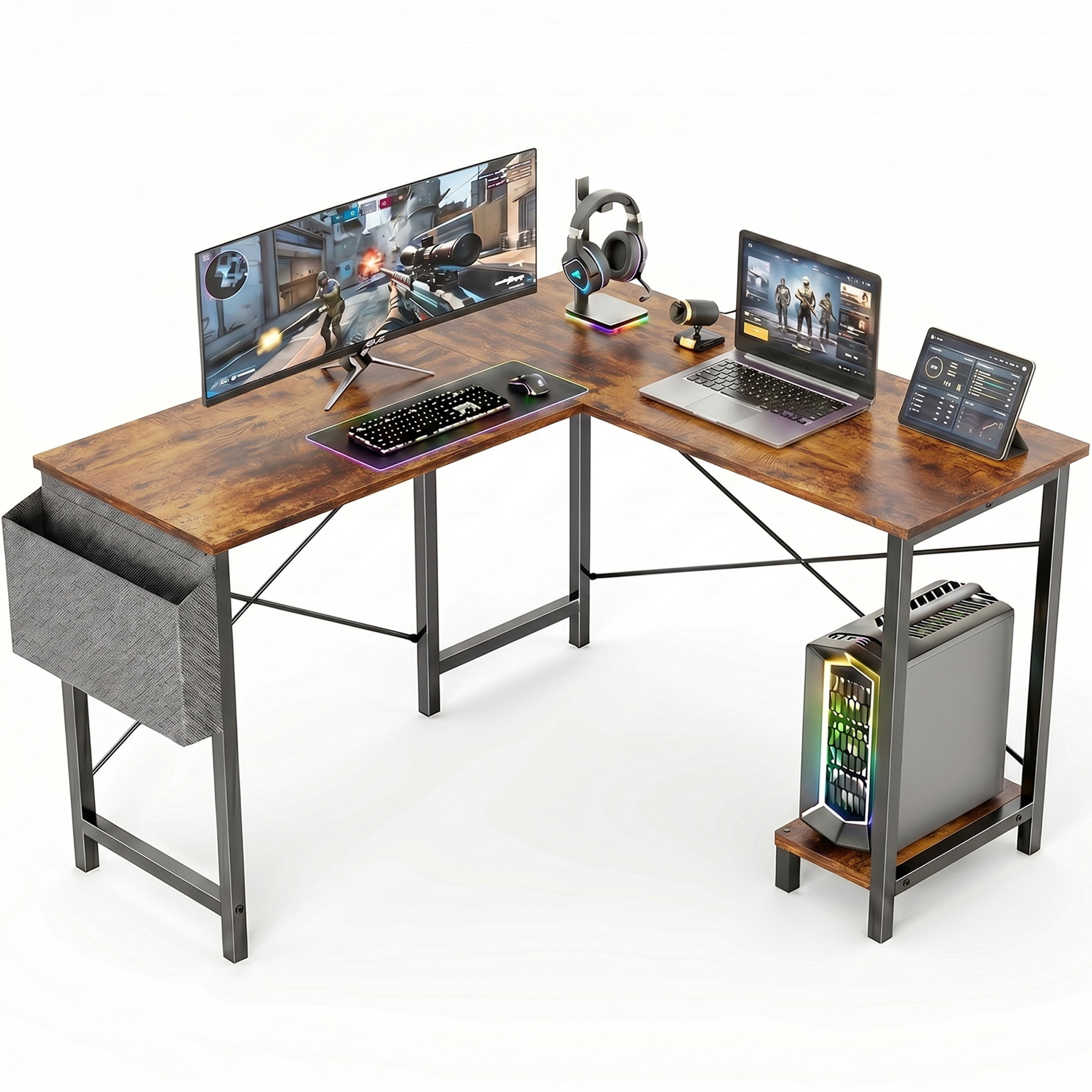 CONCETTA 49 Inch Modern L Shaped Computer Desk with Lower Storage Shelf & Side Bag, Two-Way Convertible Corner Gaming Table for Home Office, Rust