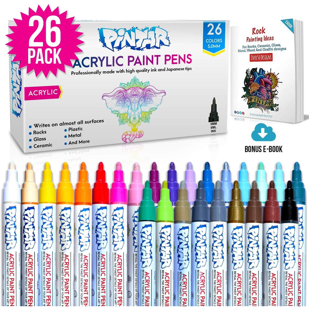 PINTAR Premium Acrylic Paint Pens (26 Colors) Medium Tip Pens For Rock Painting, Ceramic Glass