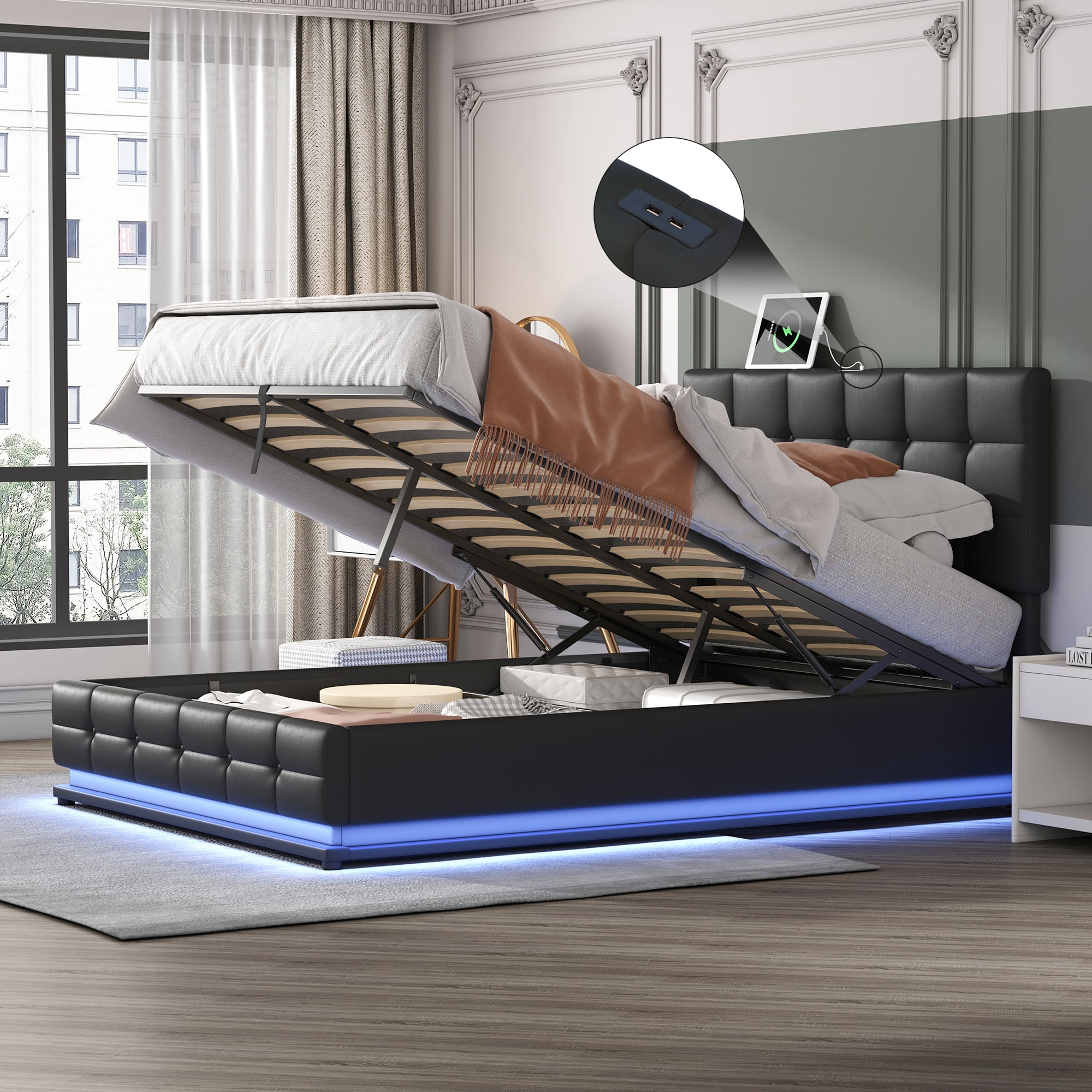 Bellemave LED Queen Size Bed Frame with Lift Up Storage, Upholstered