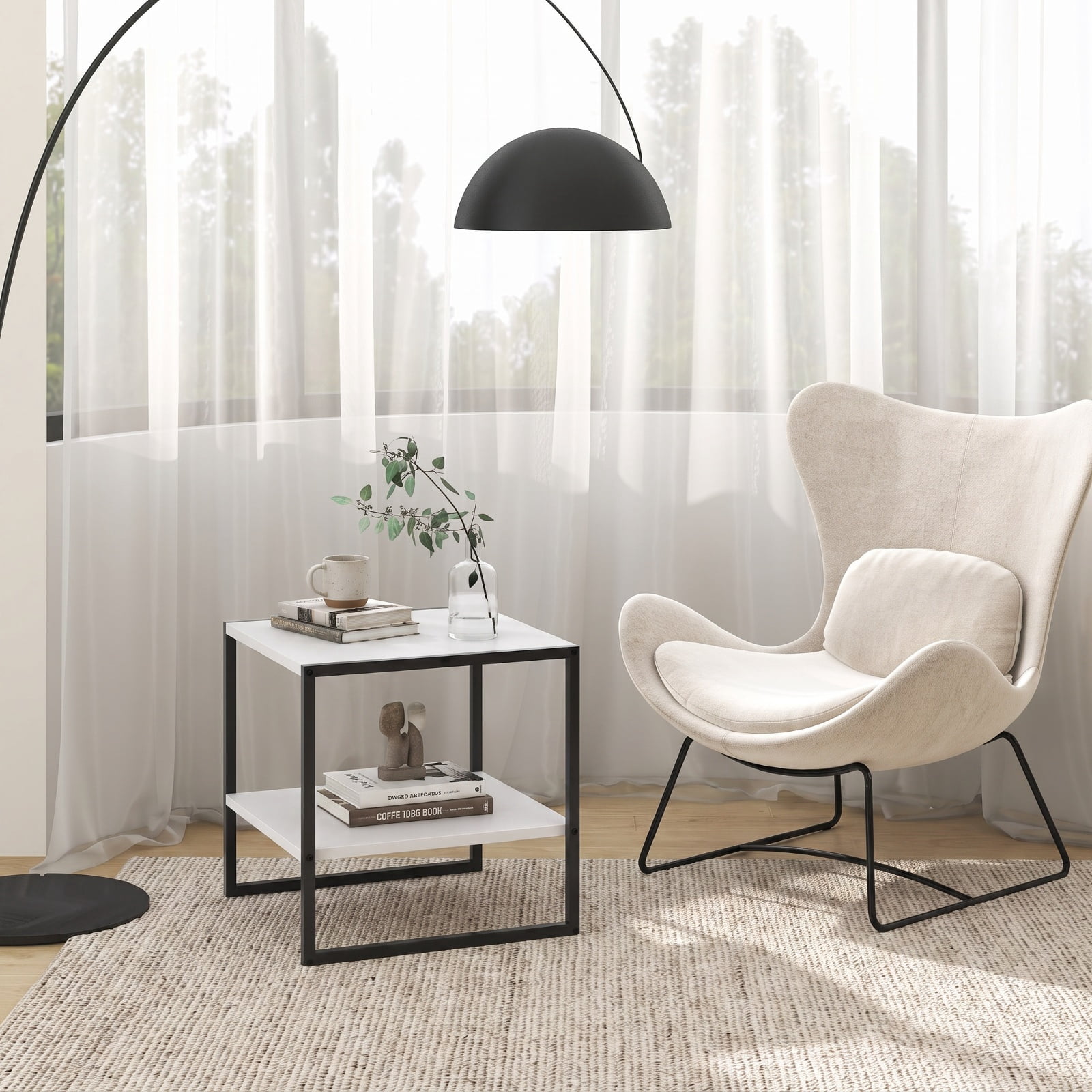 Furnibear 2 Tier Square End Table with Reversible Storage Shelf and Sleek Modern Finish for Living Room and Bedroom, White